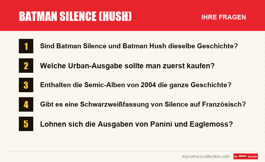 Batman Silence (Hush): die häufigen Fragen, die dieser Artikel beantwortet