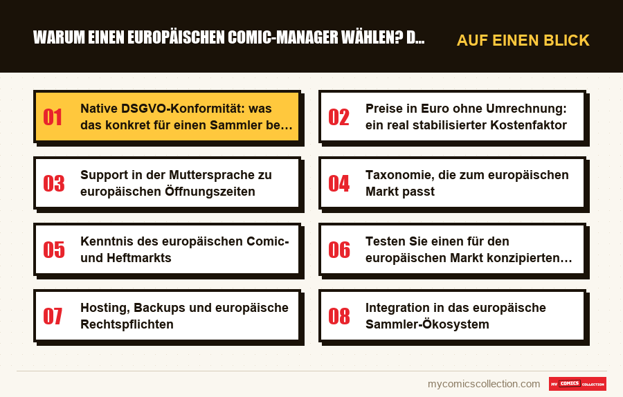 Auf einen Blick : Warum einen europäischen Comic-Manager wählen? DSGVO, Euro-P