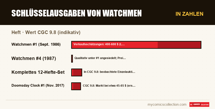 In Zahlen : Schlüsselausgaben von Watchmen, Wert CGC 9.8 (indikativ)