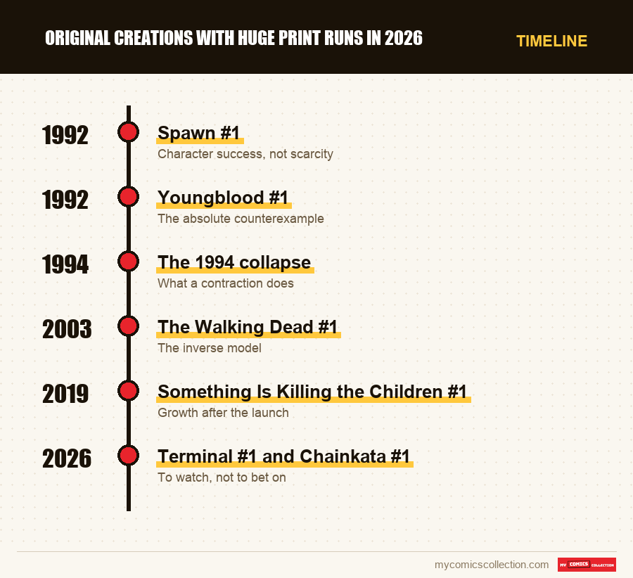 Timeline of Original creations with huge print runs in 2026 issues and series