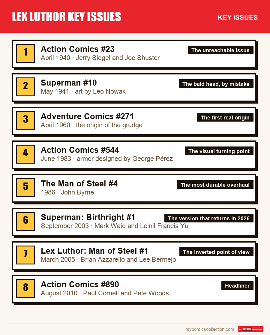 The key Lex Luthor Key Issues issues in order of importance