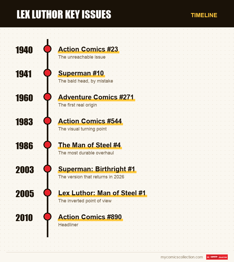 Timeline of Lex Luthor Key Issues issues and series