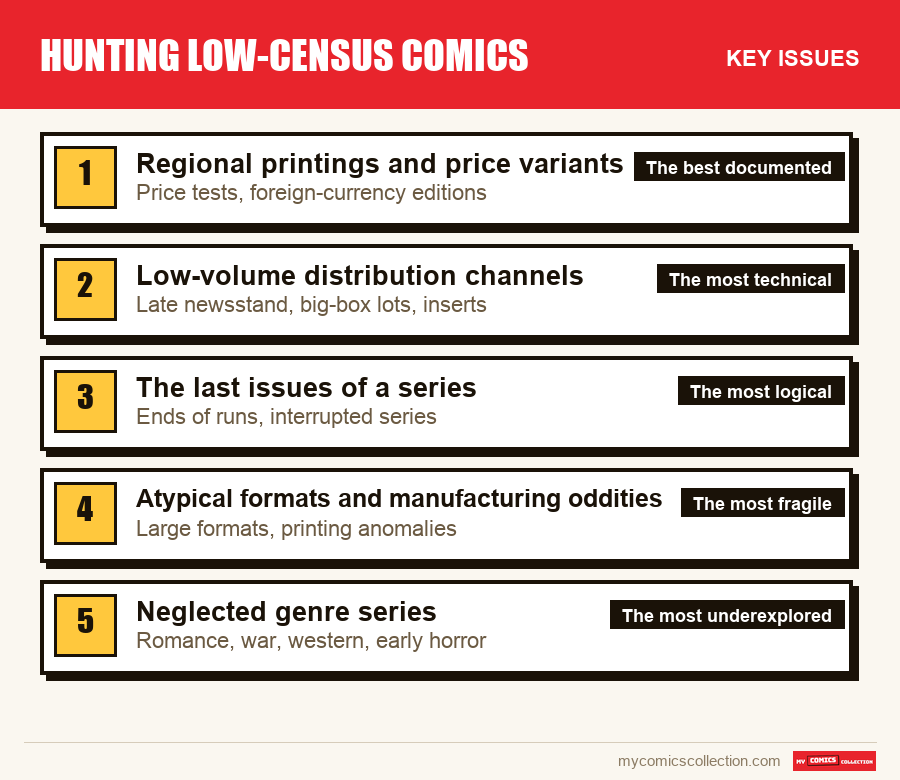 The key Hunting Low-Census Comics issues in order of importance