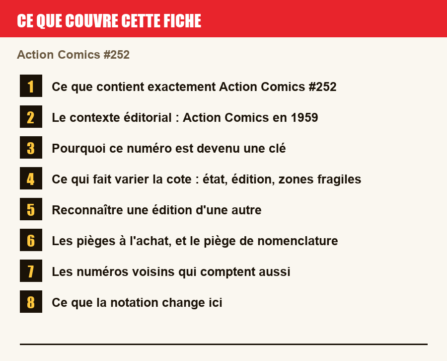 Les sections de cette fiche, de la description du numéro aux pièges à l'achat