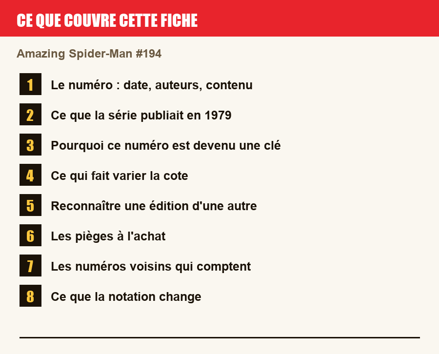 Les sections de cette fiche, de la description du numéro aux pièges à l'achat