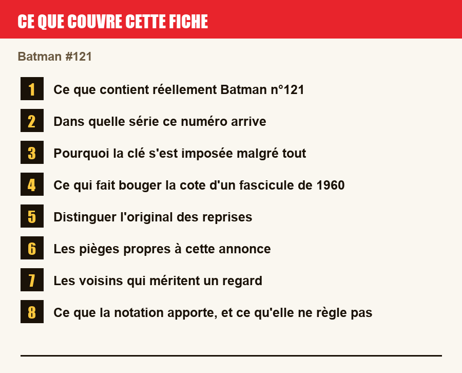 Les sections de cette fiche, de la description du numéro aux pièges à l'achat