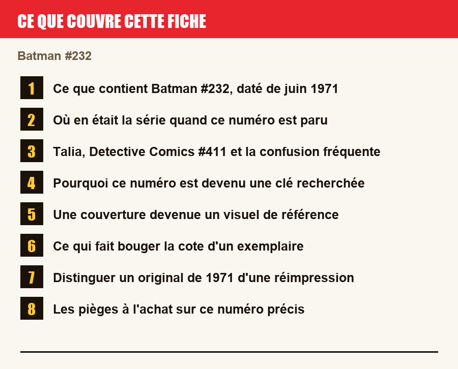 Les sections de cette fiche, de la description du numéro aux pièges à l'achat