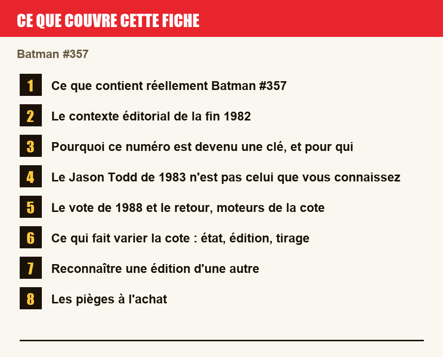 Les sections de cette fiche, de la description du numéro aux pièges à l'achat