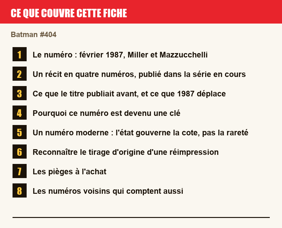Les sections de cette fiche, de la description du numéro aux pièges à l'achat