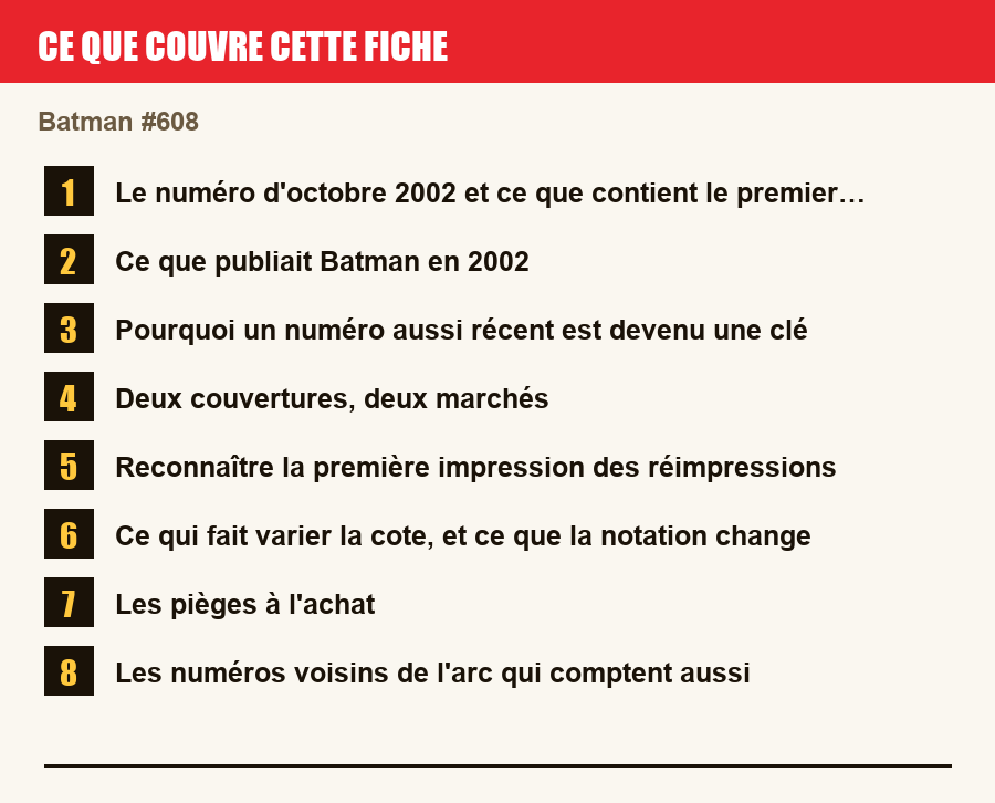 Les sections de cette fiche, de la description du numéro aux pièges à l'achat
