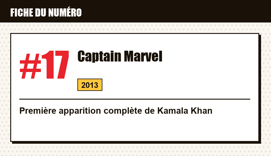 Carte d'identité : Captain Marvel #17 (2013) : la première apparition complète de Kamala Khan