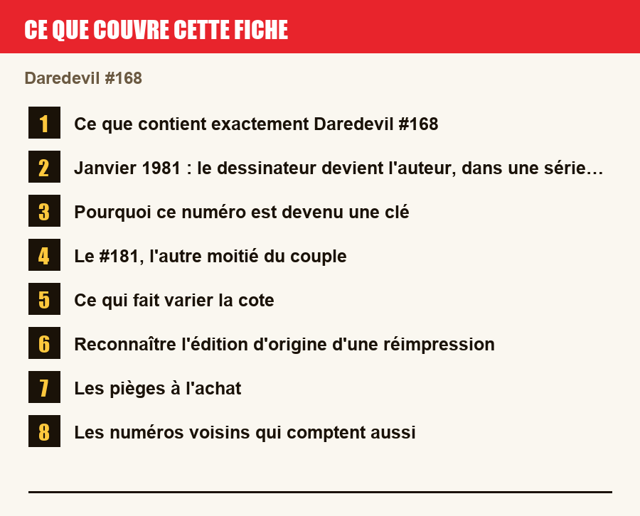 Les sections de cette fiche, de la description du numéro aux pièges à l'achat