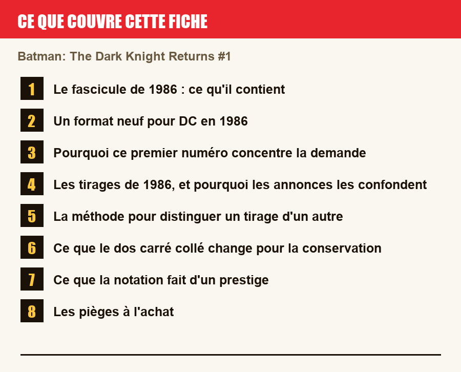Les sections de cette fiche, de la description du numéro aux pièges à l'achat