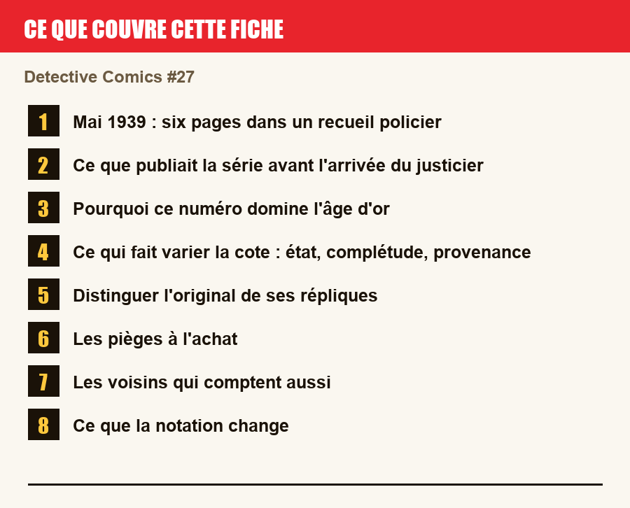 Les sections de cette fiche, de la description du numéro aux pièges à l'achat