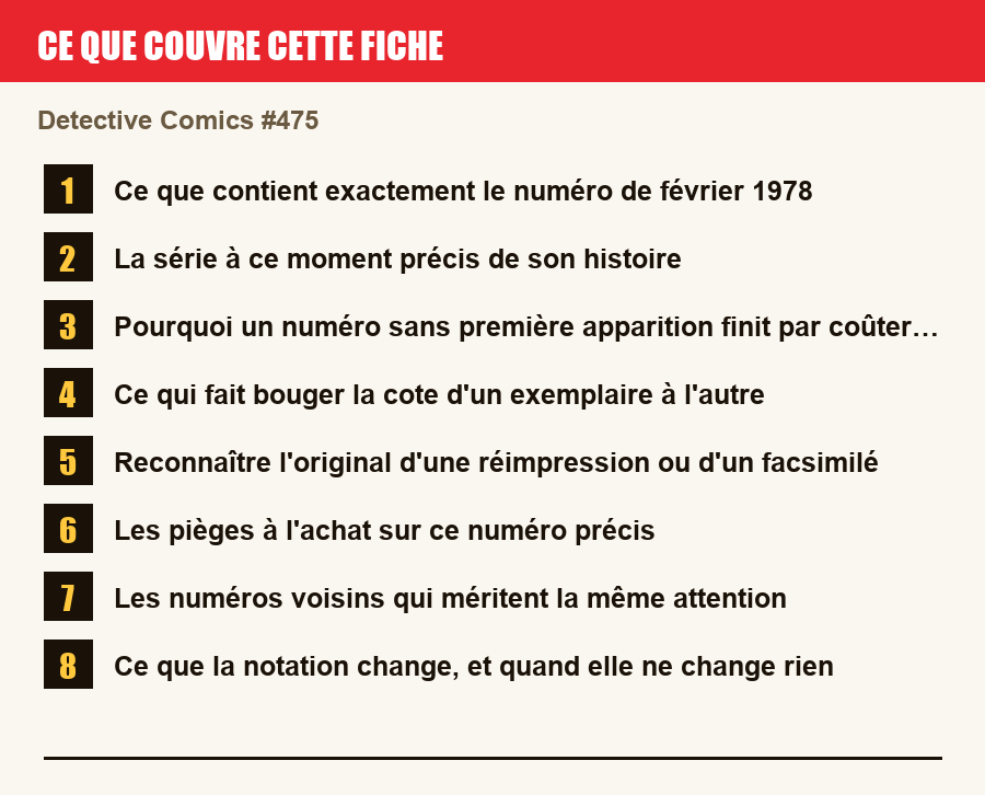 Les sections de cette fiche, de la description du numéro aux pièges à l'achat
