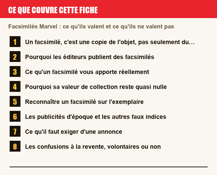 Les sections de cette fiche, de la description du numéro aux pièges à l'achat
