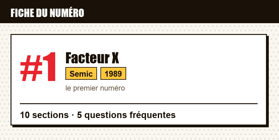 Carte d'identité du numéro Facteur X #1 : éditeur, année, contenu de l'article