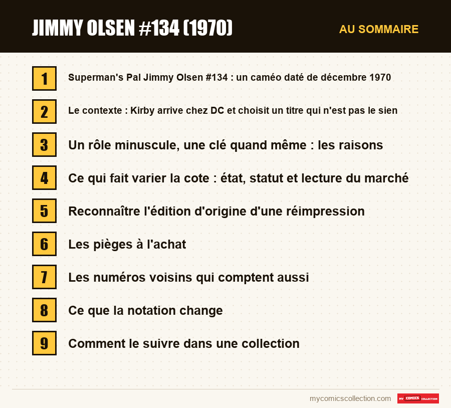 Les sections de l'article sur Jimmy Olsen #134 (1970), dans l'ordre de lecture
