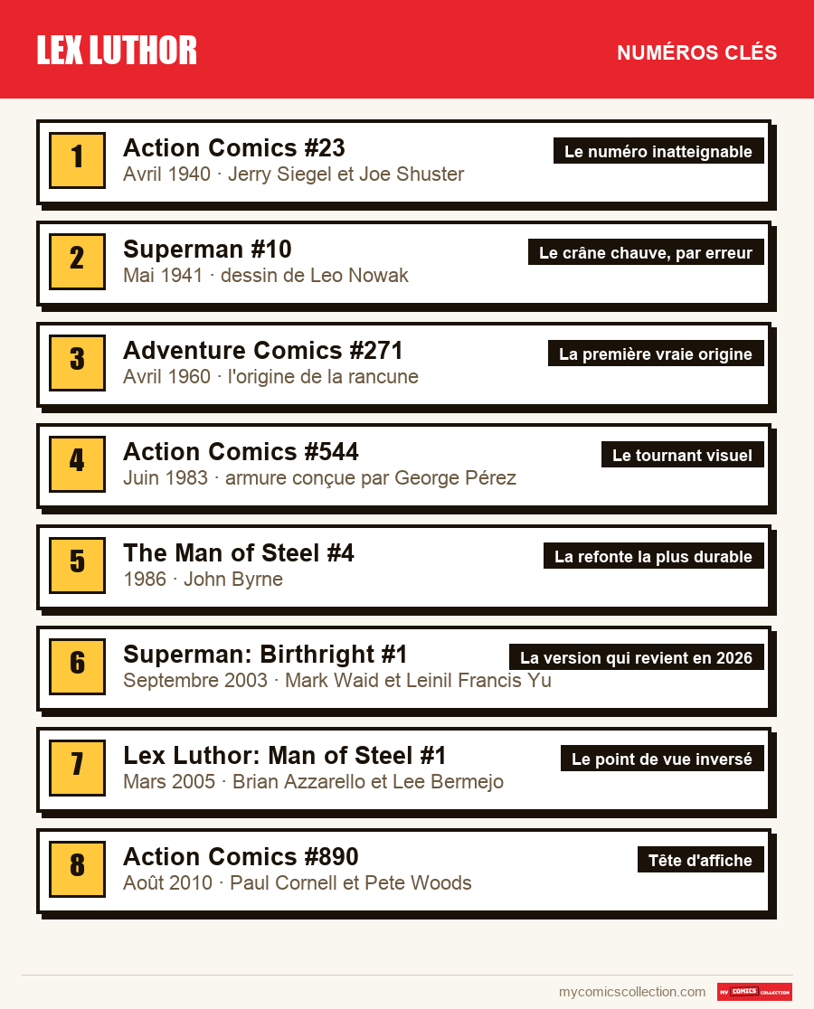 Les numéros clés de Lex Luthor par ordre d'importance