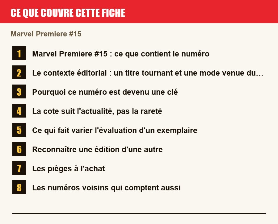 Les sections de cette fiche, de la description du numéro aux pièges à l'achat