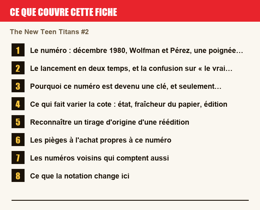 Les sections de cette fiche, de la description du numéro aux pièges à l'achat