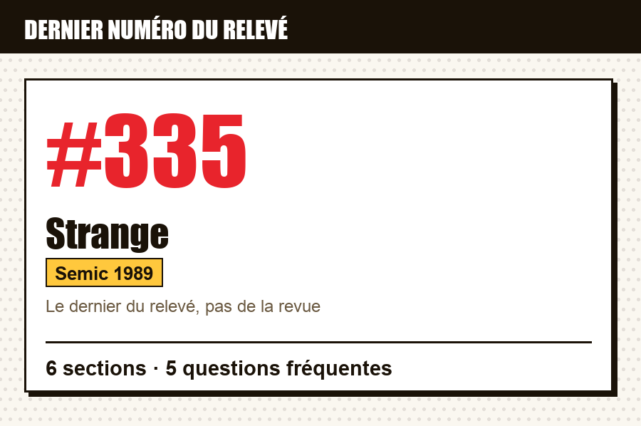 Carte d'identité de Strange n°335, mars 1998 : dernier numéro du relevé, série, éditeur et année