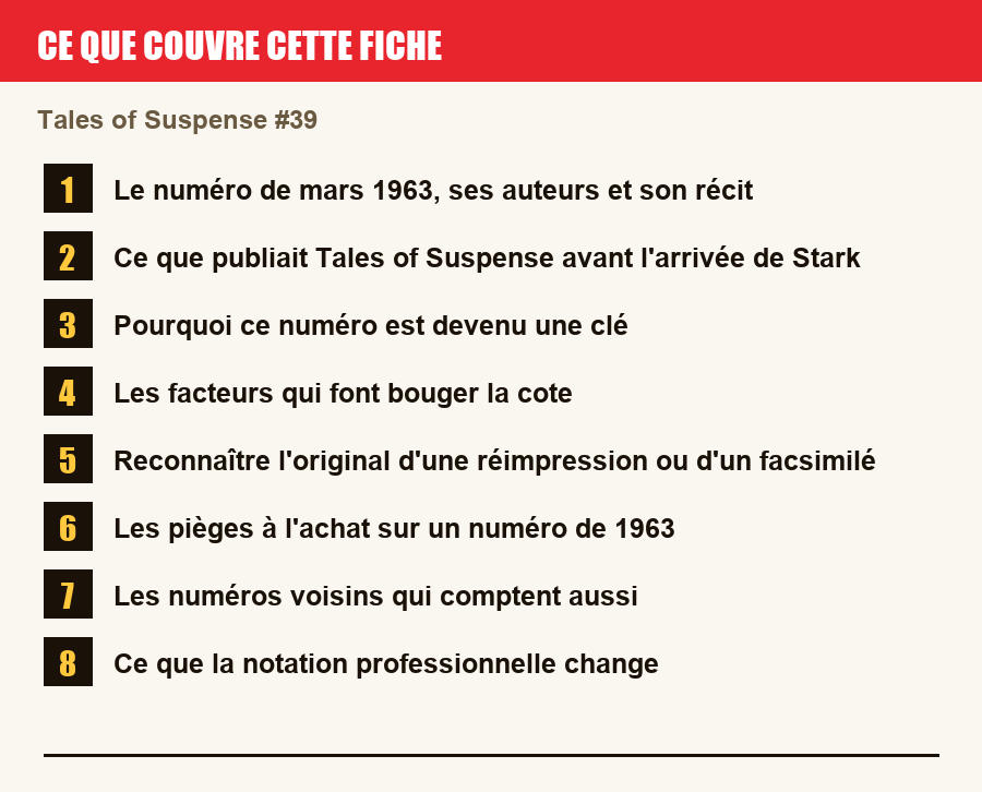Les sections de cette fiche, de la description du numéro aux pièges à l'achat
