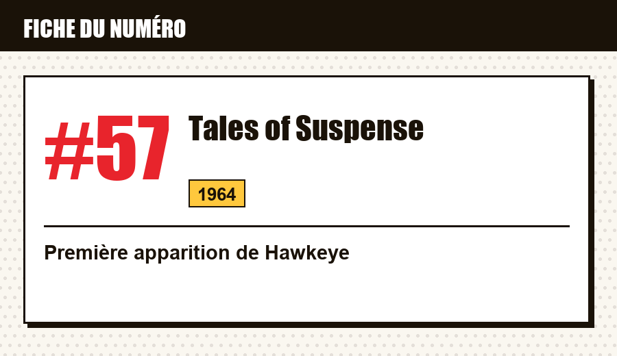 Carte d'identité : Tales of Suspense #57 (1964) : la première apparition de Hawkeye