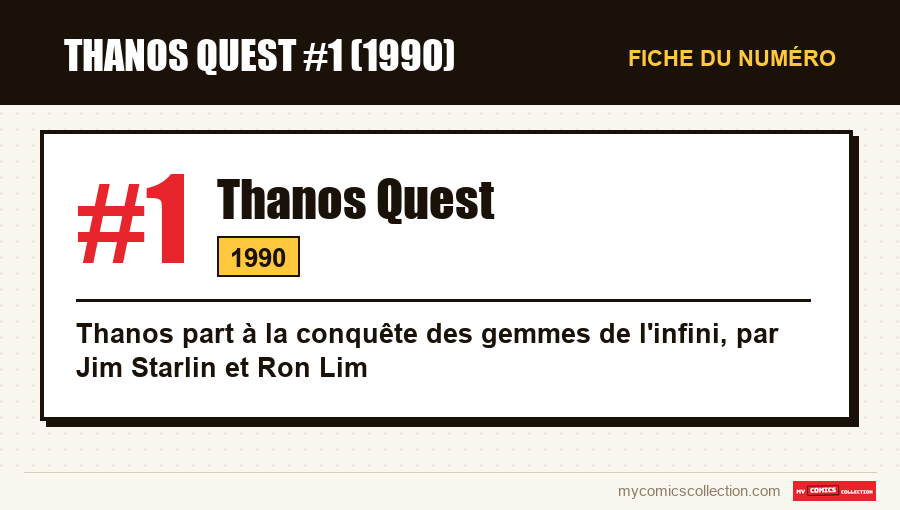 Carte d'identité de Thanos Quest #1 : numéro, année et ce qui en fait un numéro clé