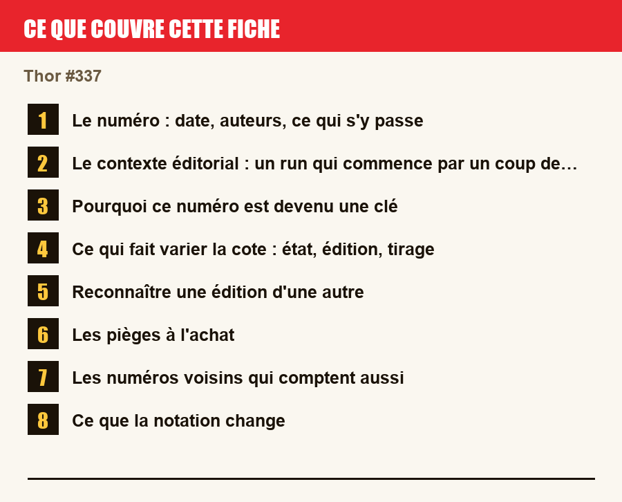 Les sections de cette fiche, de la description du numéro aux pièges à l'achat