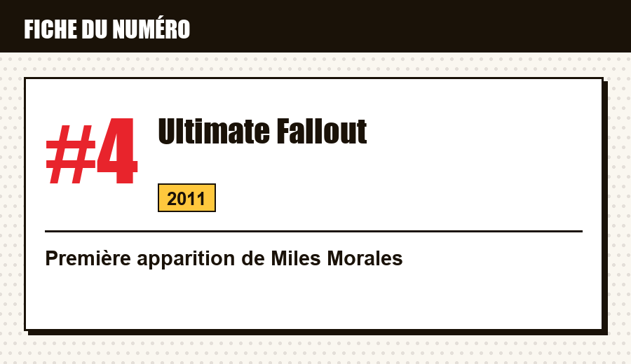 Carte d'identité : Ultimate Fallout #4 (2011) : la première apparition de Miles Morales