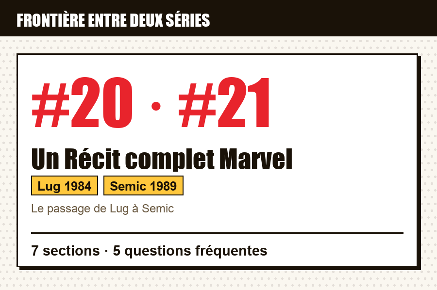 Carte d'identité de Un Récit complet Marvel n°20 et n°21 : les deux numéros de part et d'autre de la frontière entre deux séries, éditeurs et années