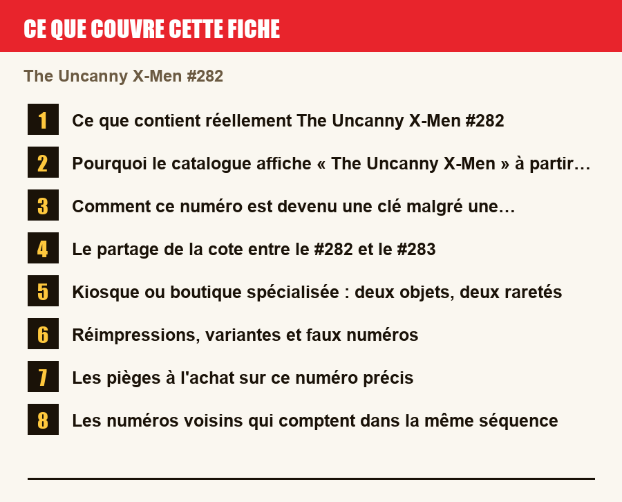 Les sections de cette fiche, de la description du numéro aux pièges à l'achat