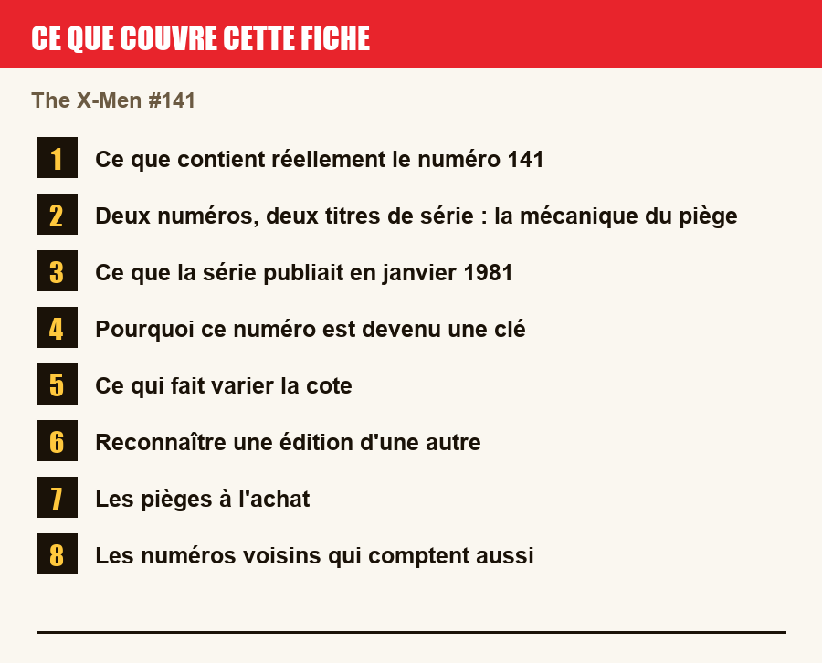 Les sections de cette fiche, de la description du numéro aux pièges à l'achat