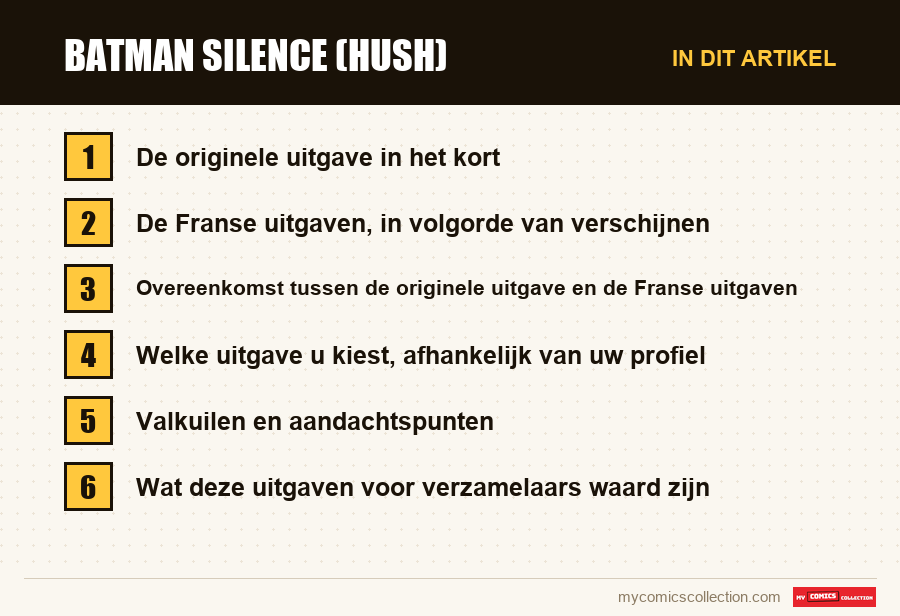 Batman Silence (Hush): de onderdelen van dit artikel, in leesvolgorde