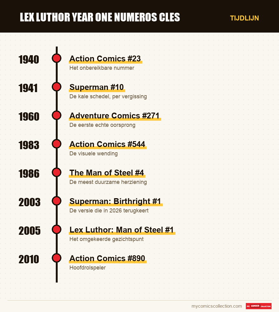 Tijdlijn van de nummers en reeksen van lex luthor year one numeros cles