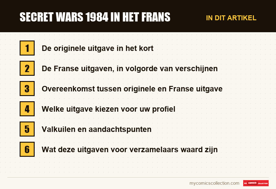 Secret Wars 1984 in het Frans: de onderdelen van dit artikel, in leesvolgorde